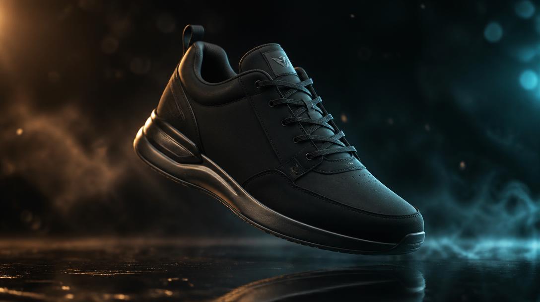 Source still: a matte black sneaker lit with amber and teal studio light